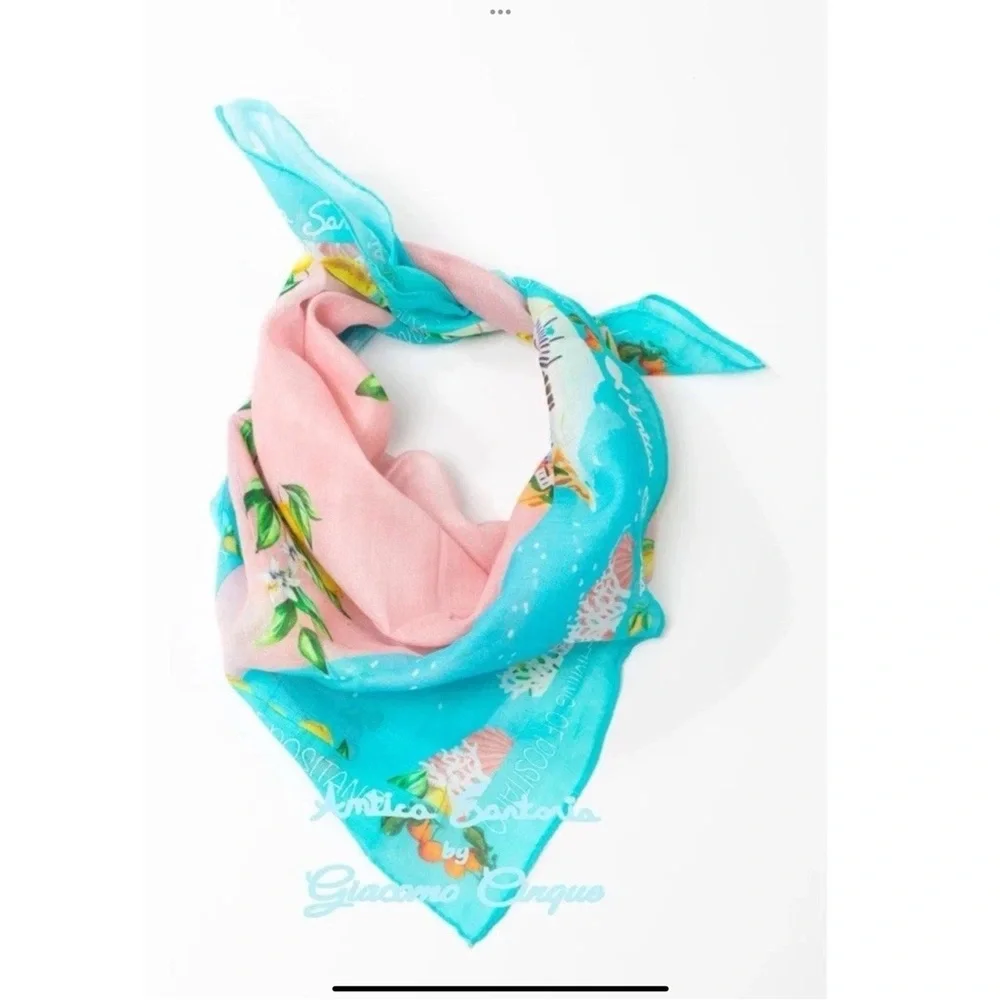 Antica Sartoria Capri by The Sea  Pink and Blue Lemon Print Hair Scarf bandana - Picture 3 of 4